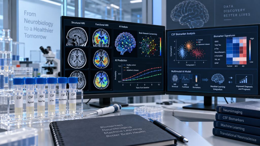 Laboratory monitors display brain MRI scans and AI analysis of cerebrospinal fluid biomarkers, with labeled samples in the foreground.